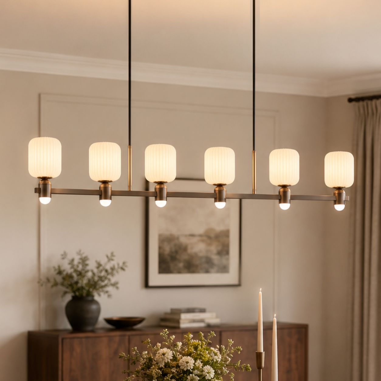 linear bronze chandelier above a dining table sideboard