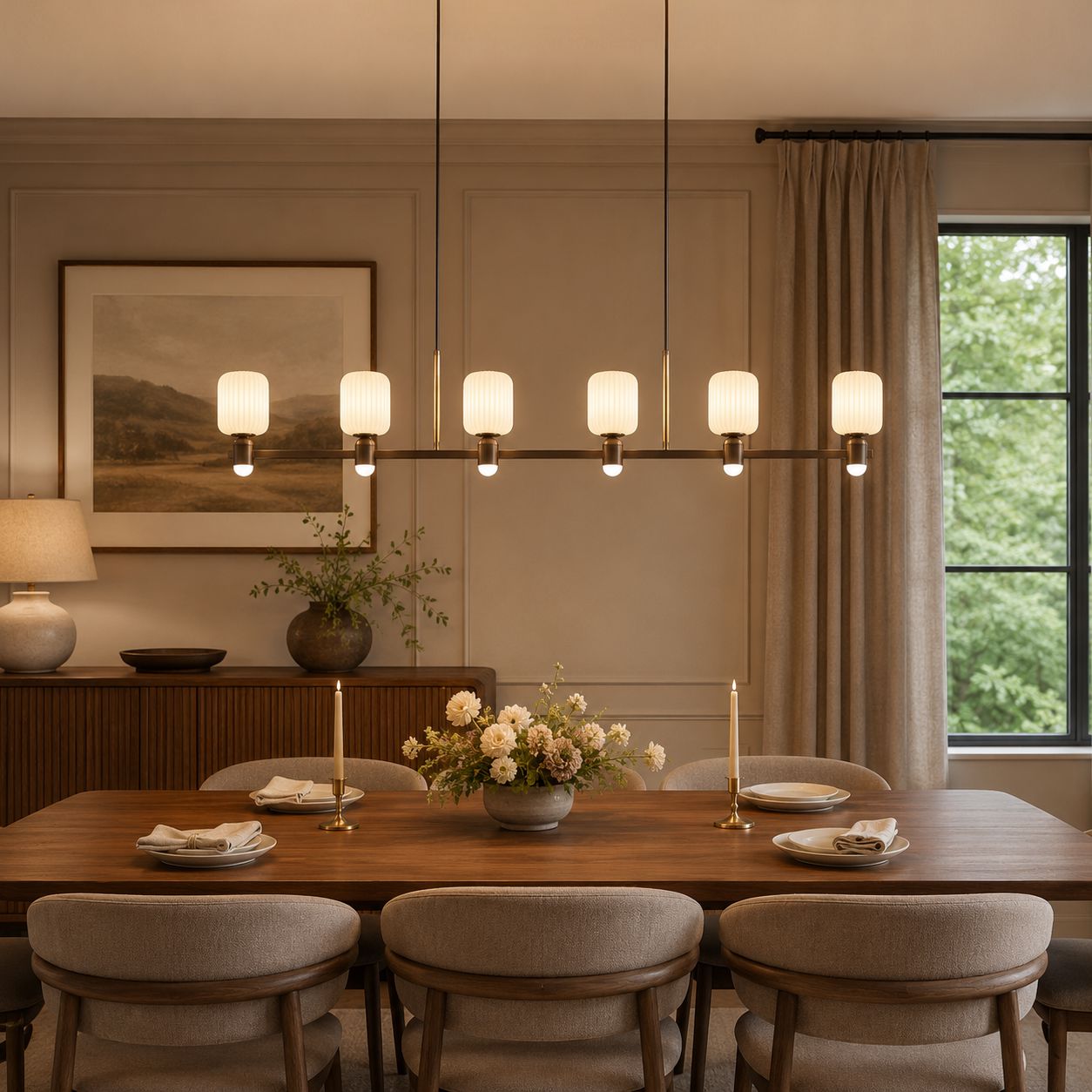 linear bronze chandelier over a wooden dining table