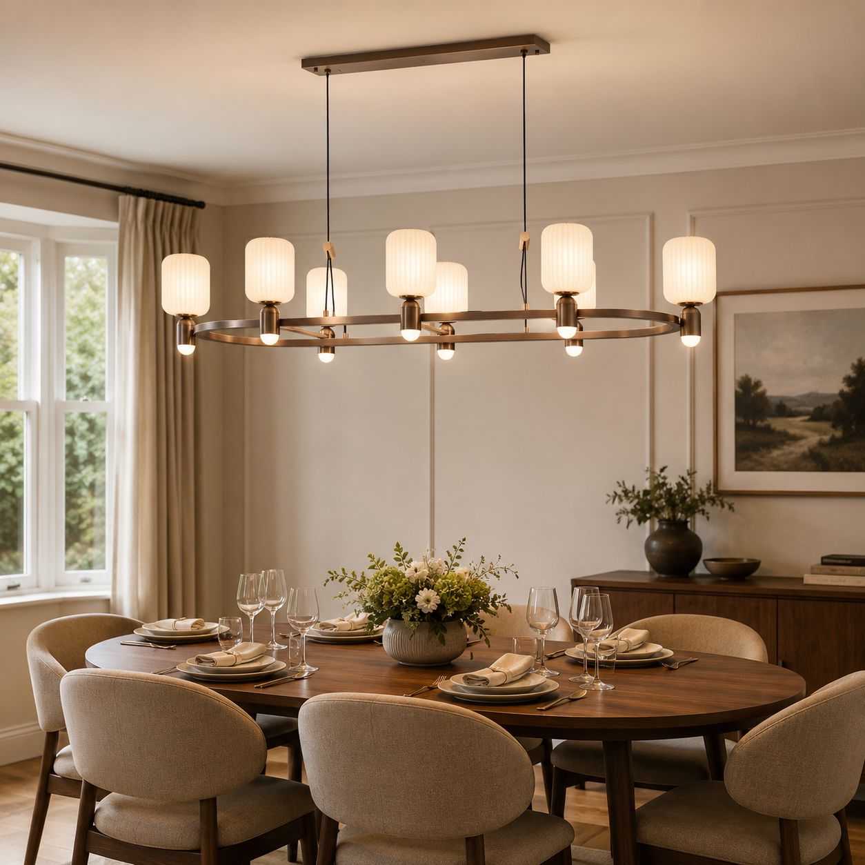 C-shaped bronze chandelier over a round dining table