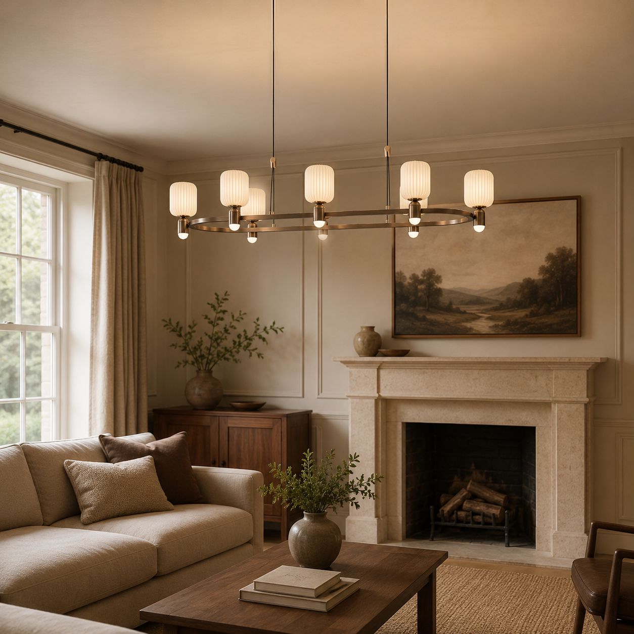 bronze C-shaped chandelier above a lounge seating area
