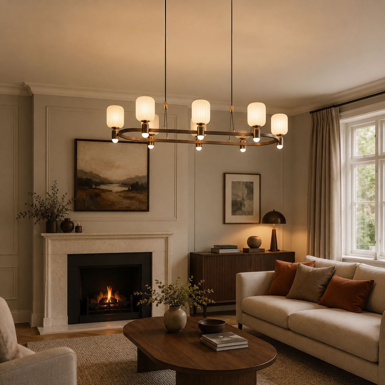 bronze C-shaped chandelier in a living room with fireplace