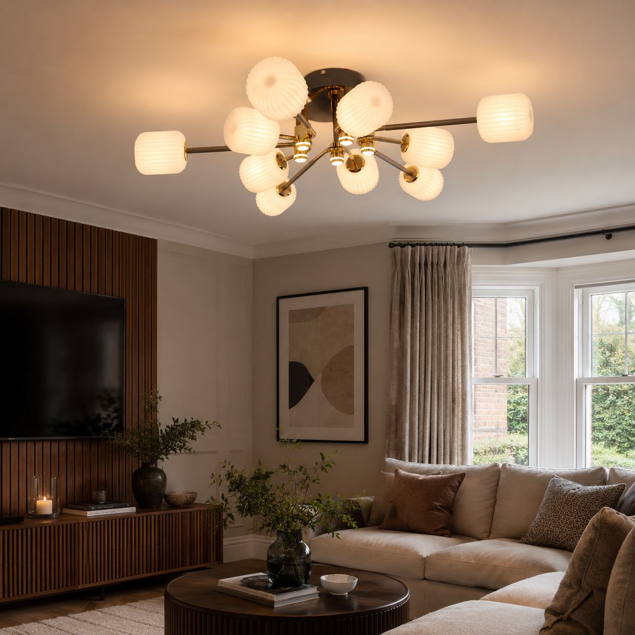 gold iron ceiling light in a warm living room seating area