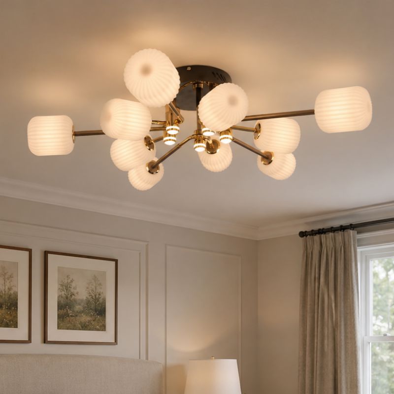 gold and black semi-flush ceiling light with acrylic shades in a bedroom