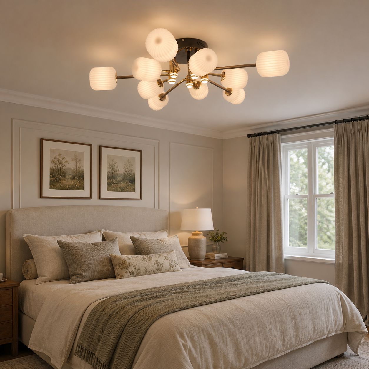 modern iron and acrylic ceiling light above a neutral bedroom