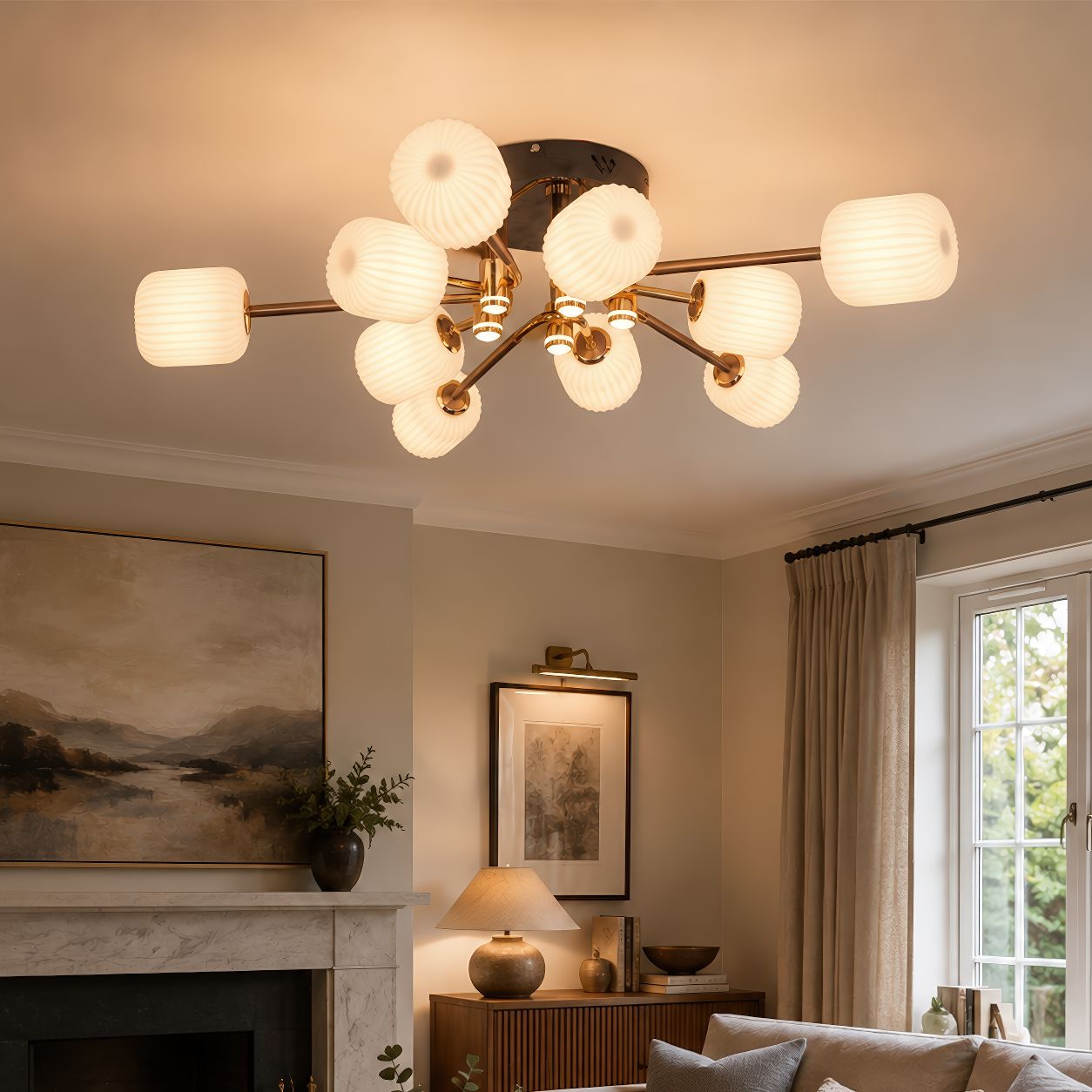 modern LED ceiling light in a living room with fireplace