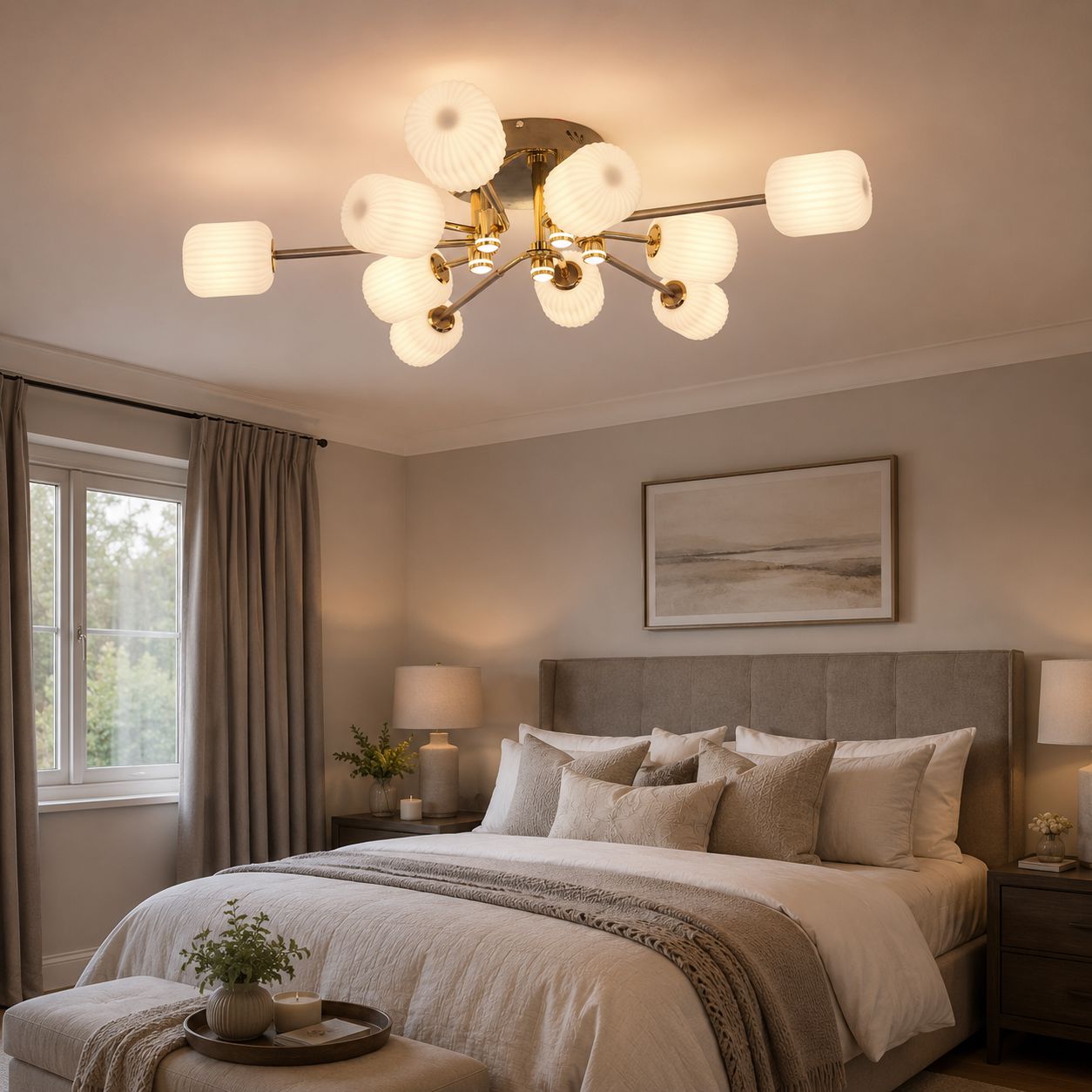 modern LED ceiling light above a calm bedroom