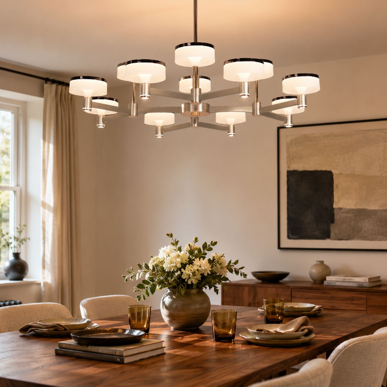 round acrylic chandelier above a wooden dining table