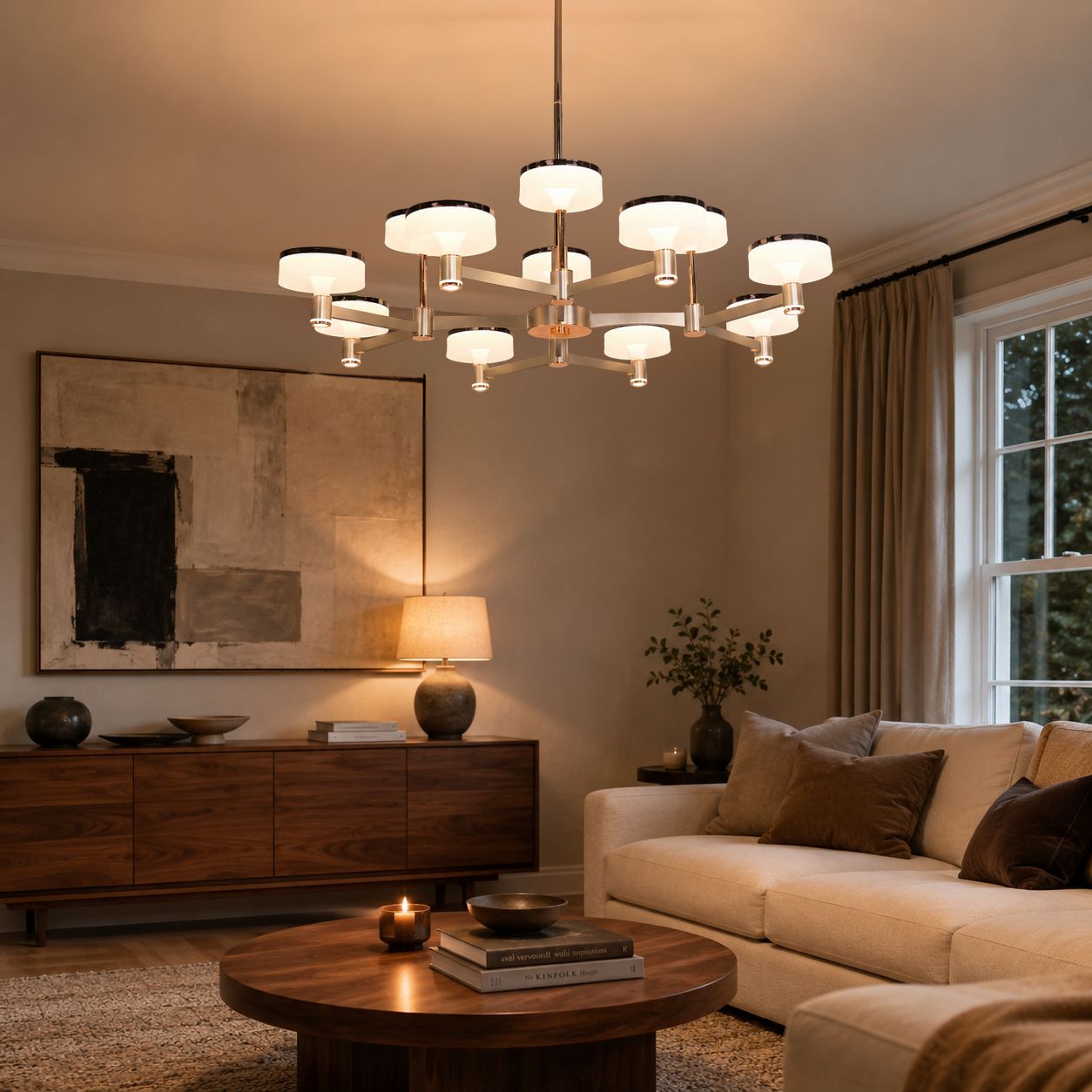 round multi-light aluminum acrylic chandelier in a warm living room