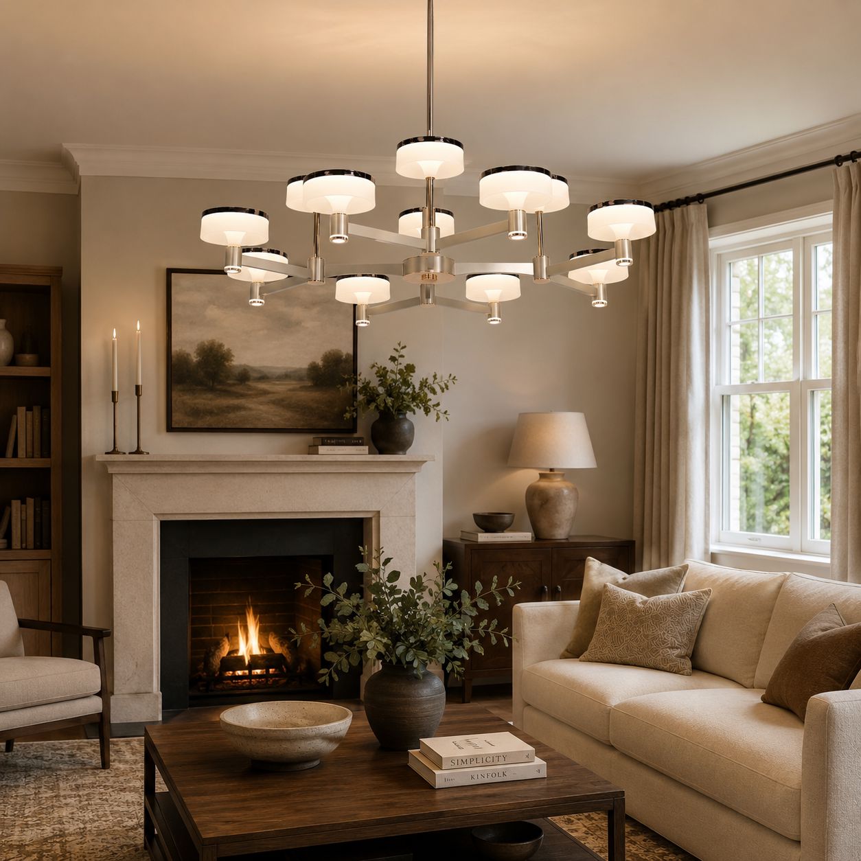 round acrylic chandelier above a sofa and fireplace