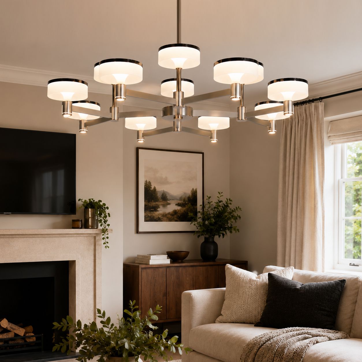 round aluminum acrylic chandelier in a cosy lounge