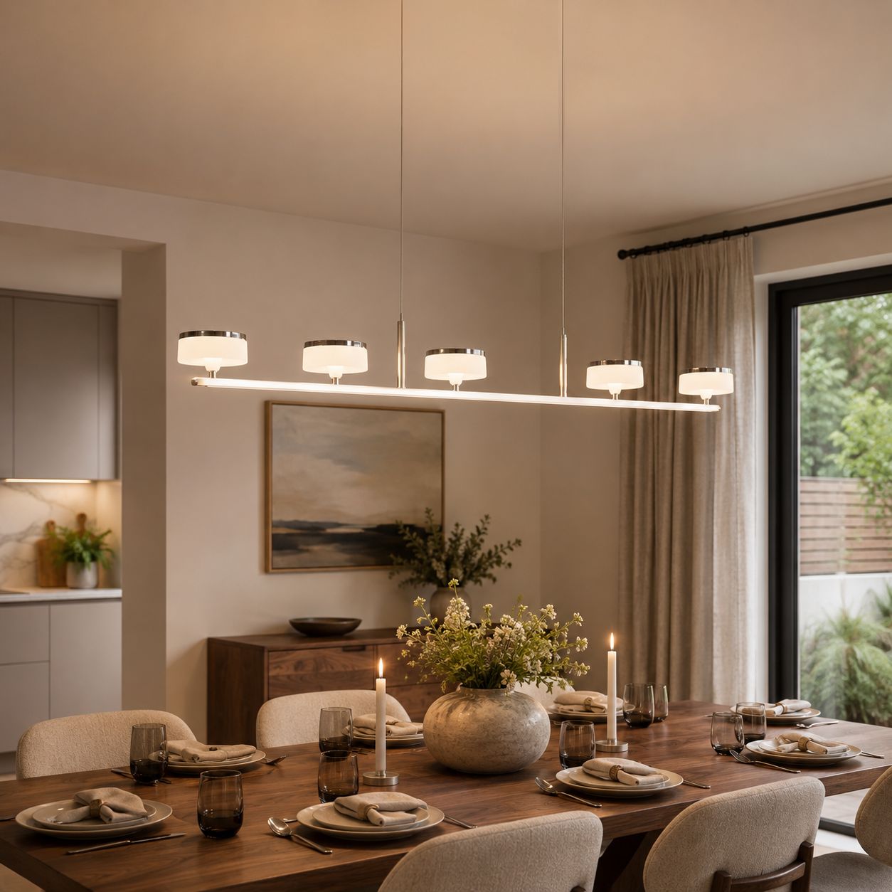 linear aluminum acrylic chandelier above a round dining table