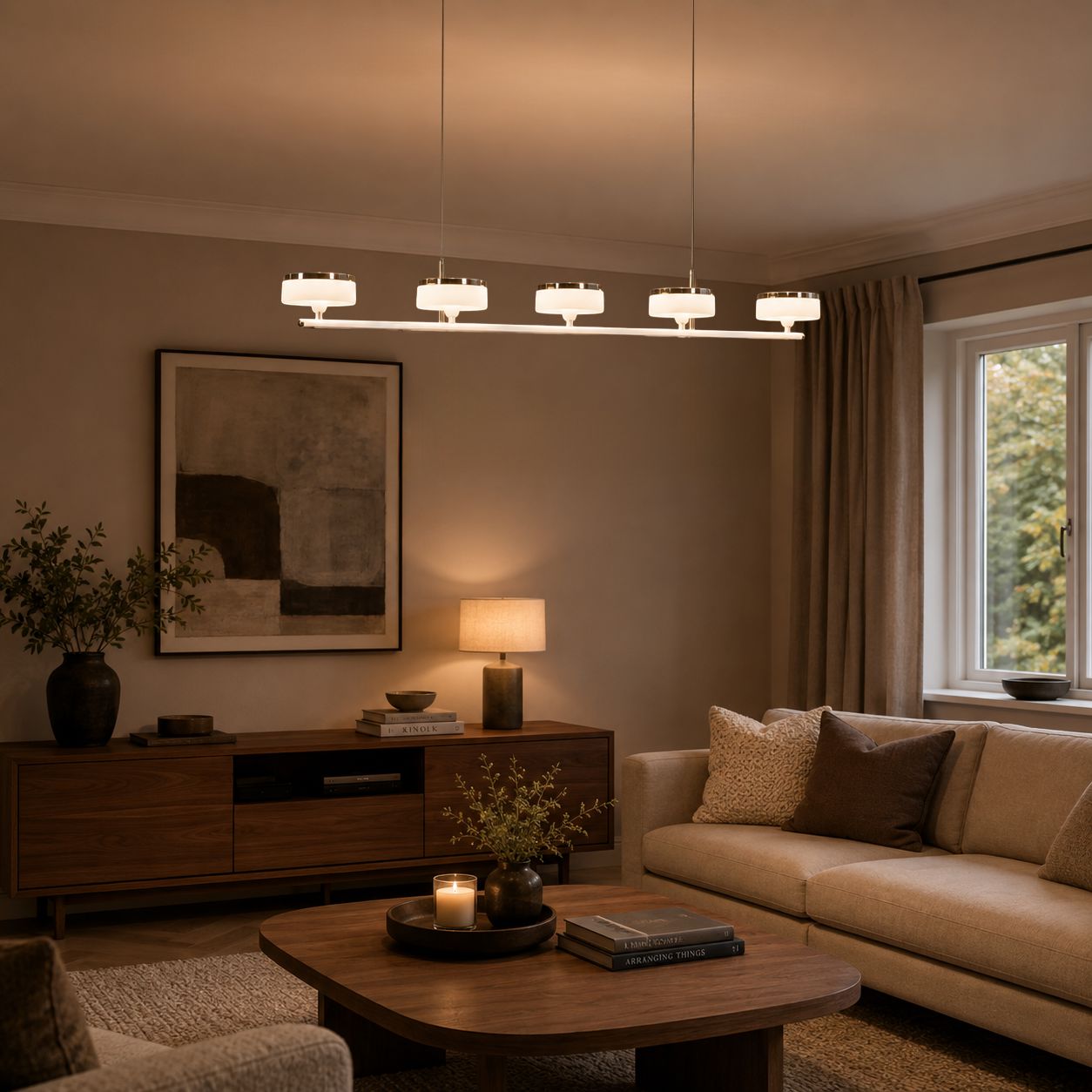 linear acrylic chandelier in a living room with sofa