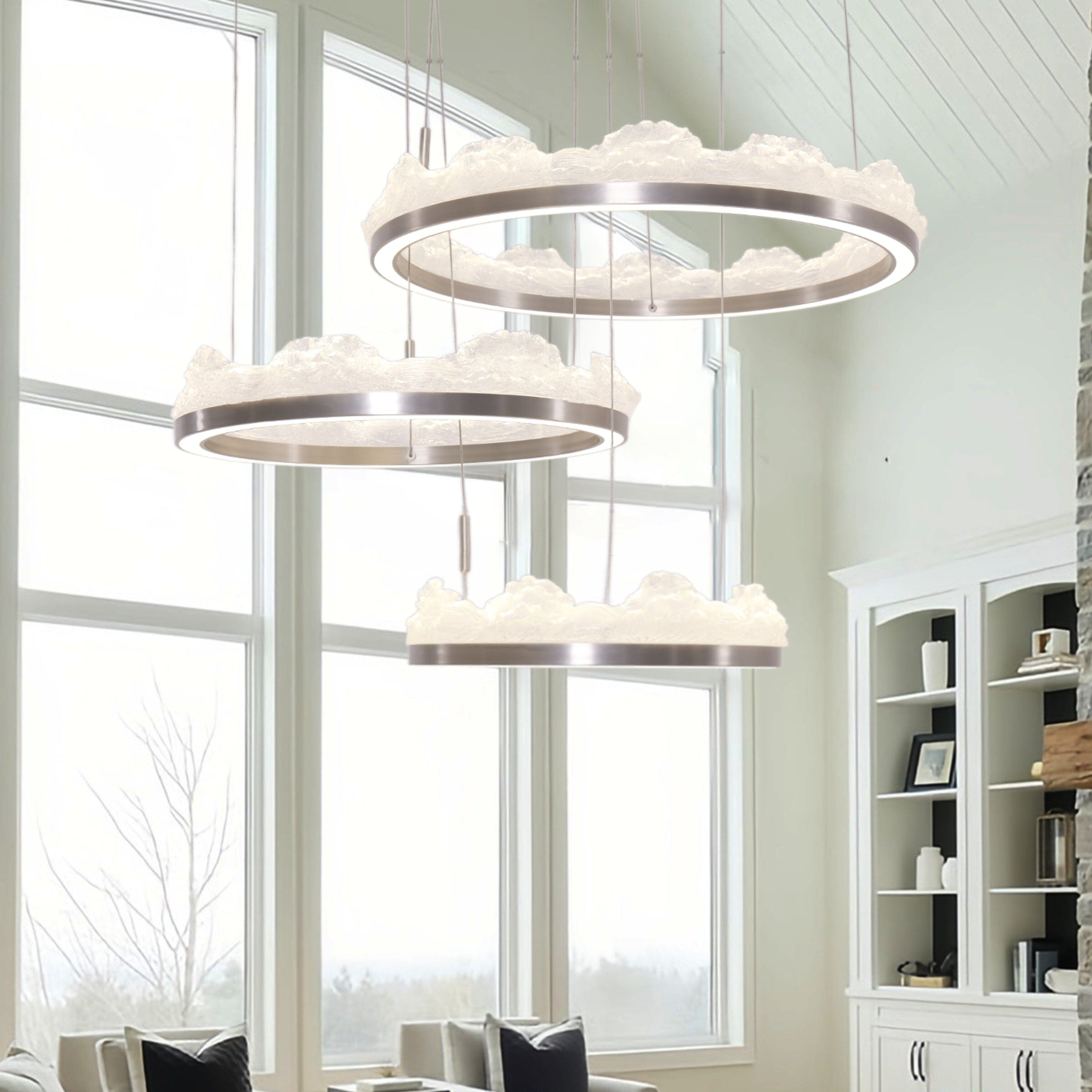 Nordic aluminum ring pendant light in a bright double-height living room