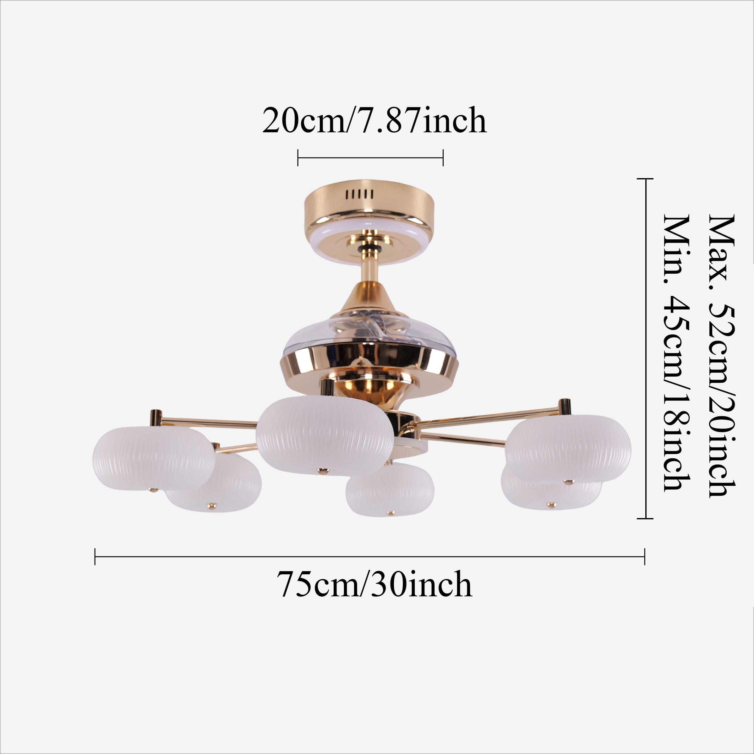 Copper acrylic ceiling fan light size guide showing 75 cm width and 20 cm canopy