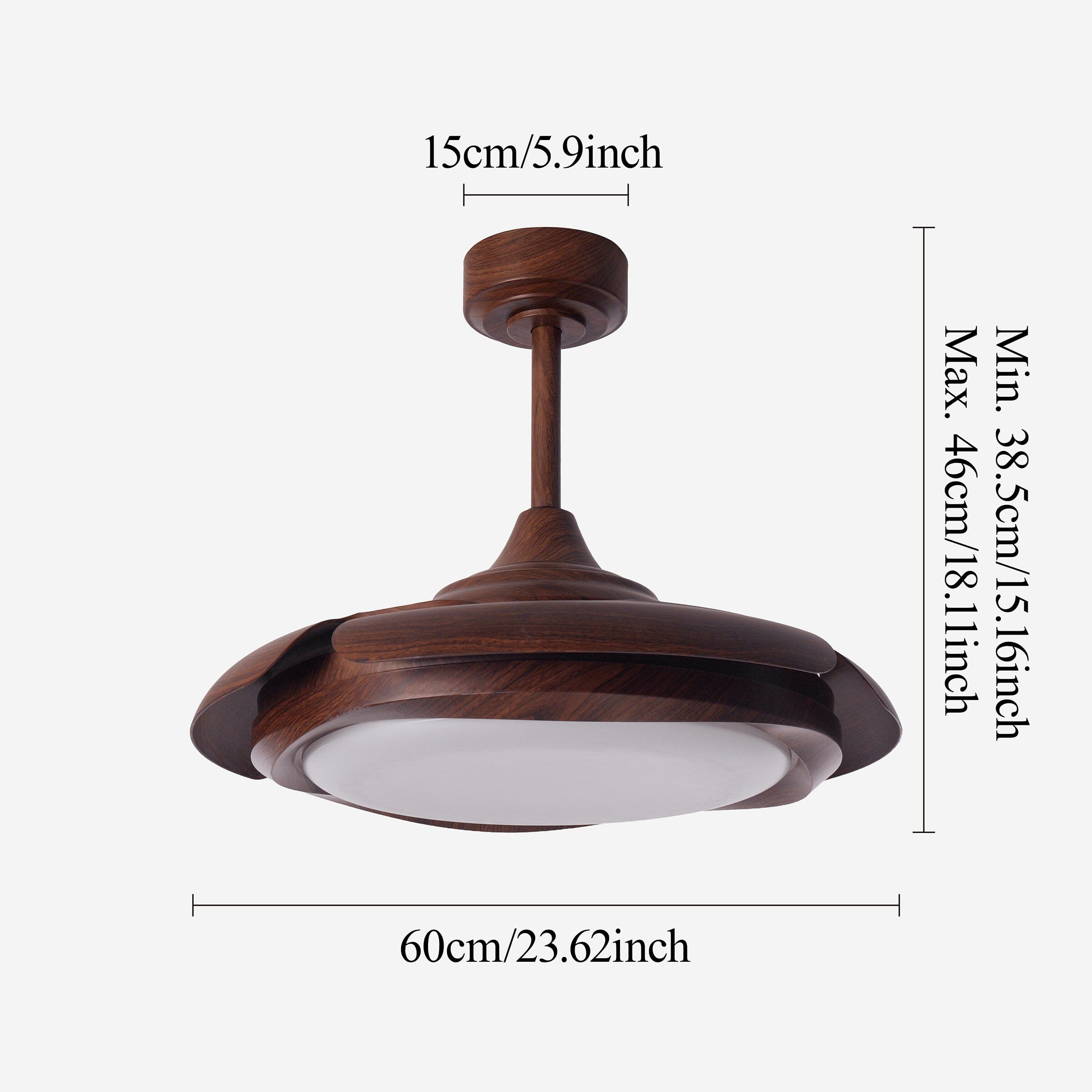 Size guide for walnut effect ceiling fan light with two downrod options