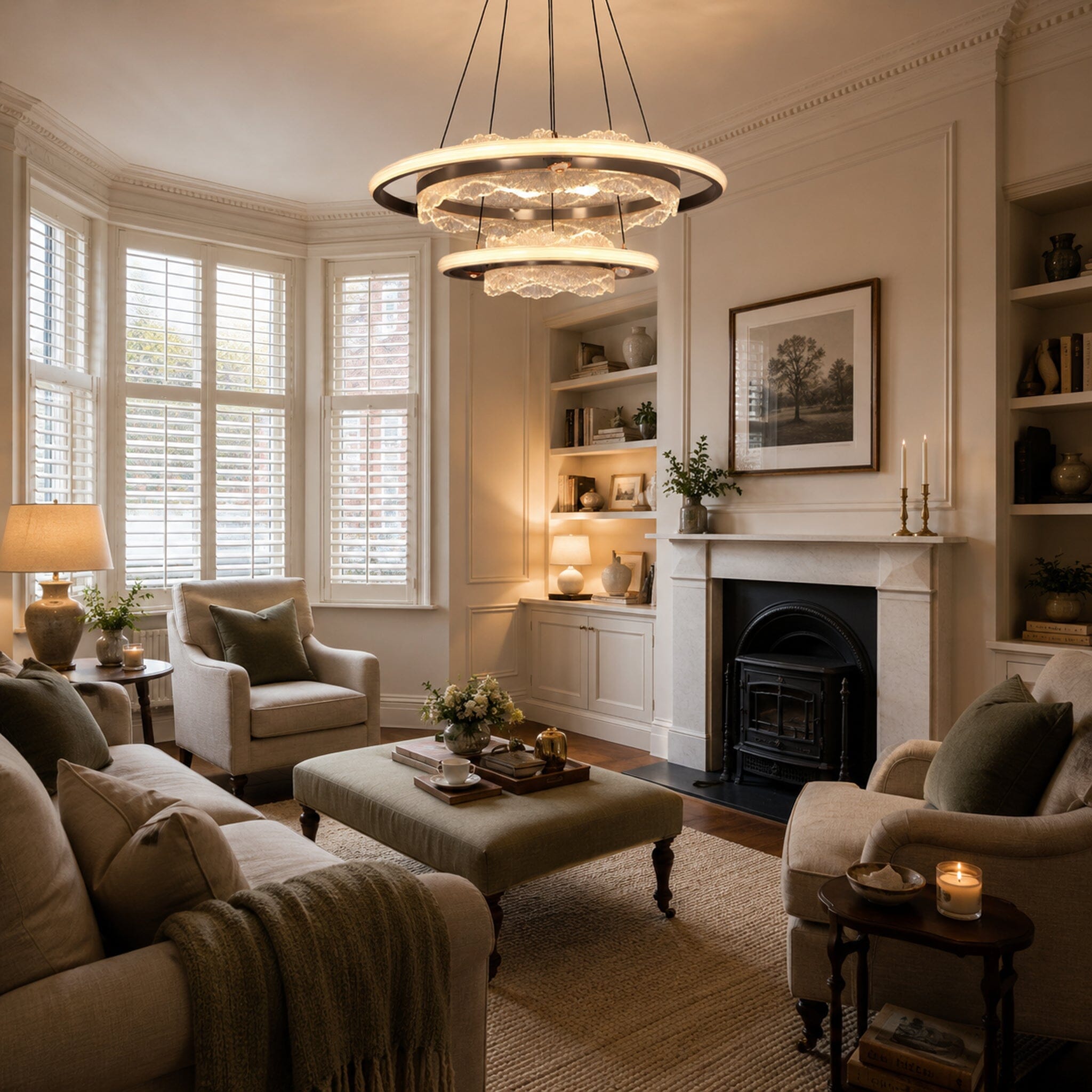 round acrylic pendant light over a neutral living room seating area