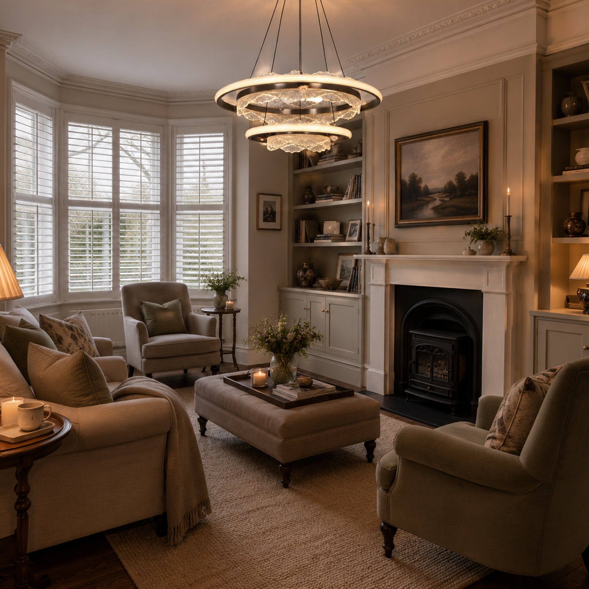 round acrylic pendant light above a bay-window lounge