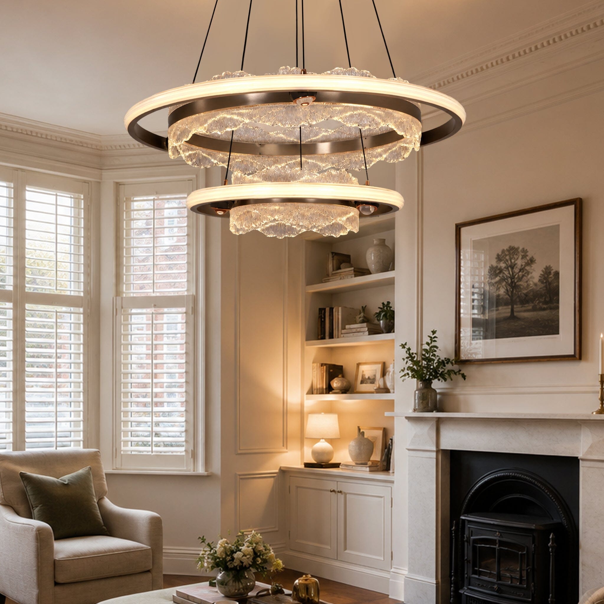 round acrylic pendant light in a classic living room corner