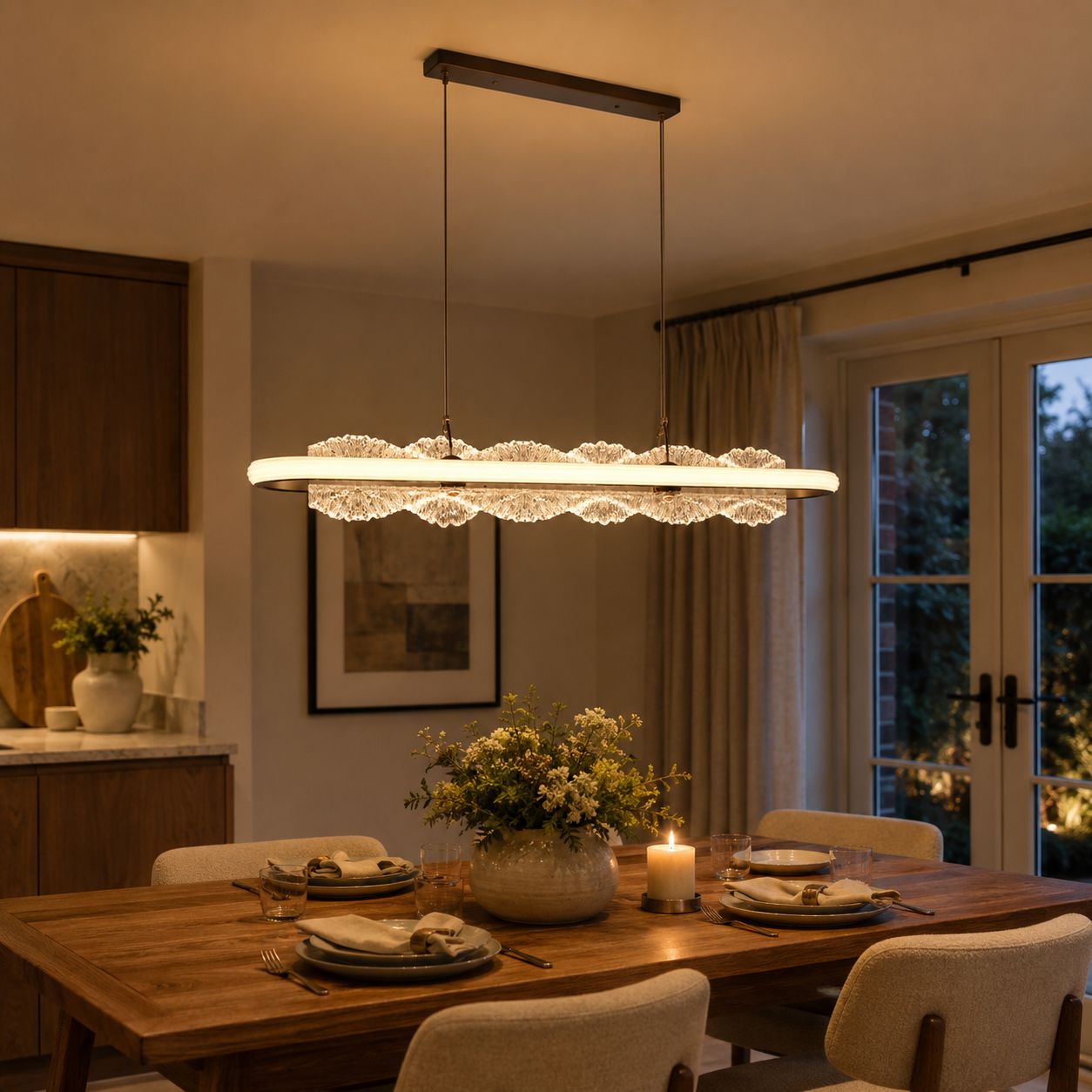 linear aluminum acrylic pendant above a wooden dining table