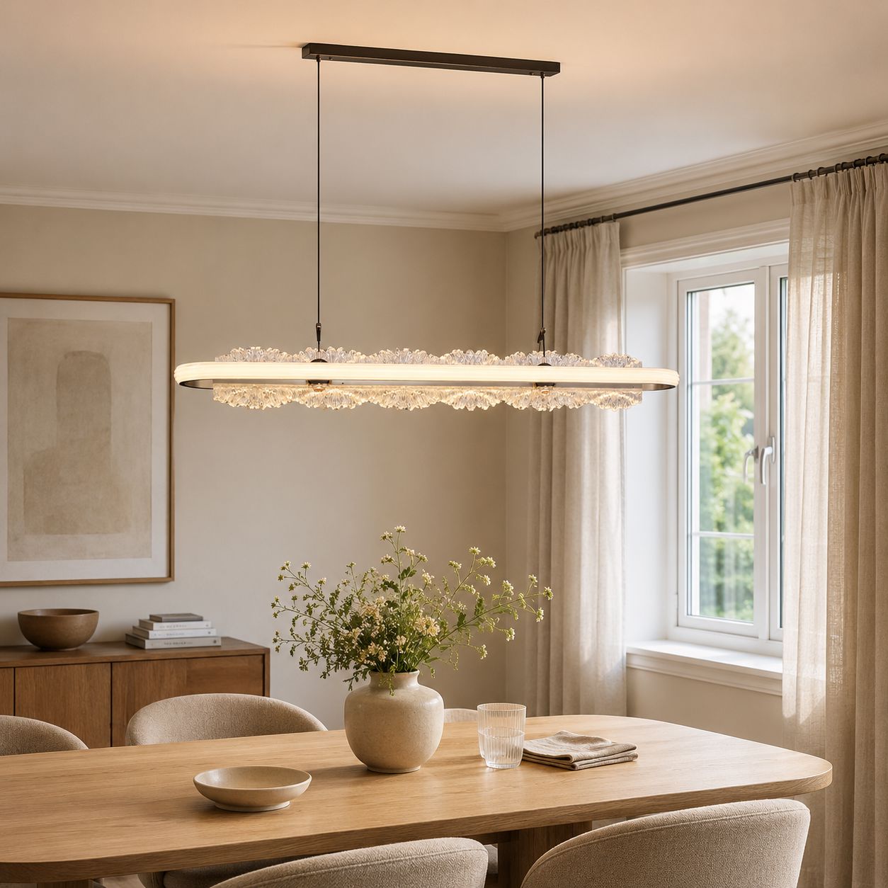 linear aluminum acrylic pendant above a round dining table by the window