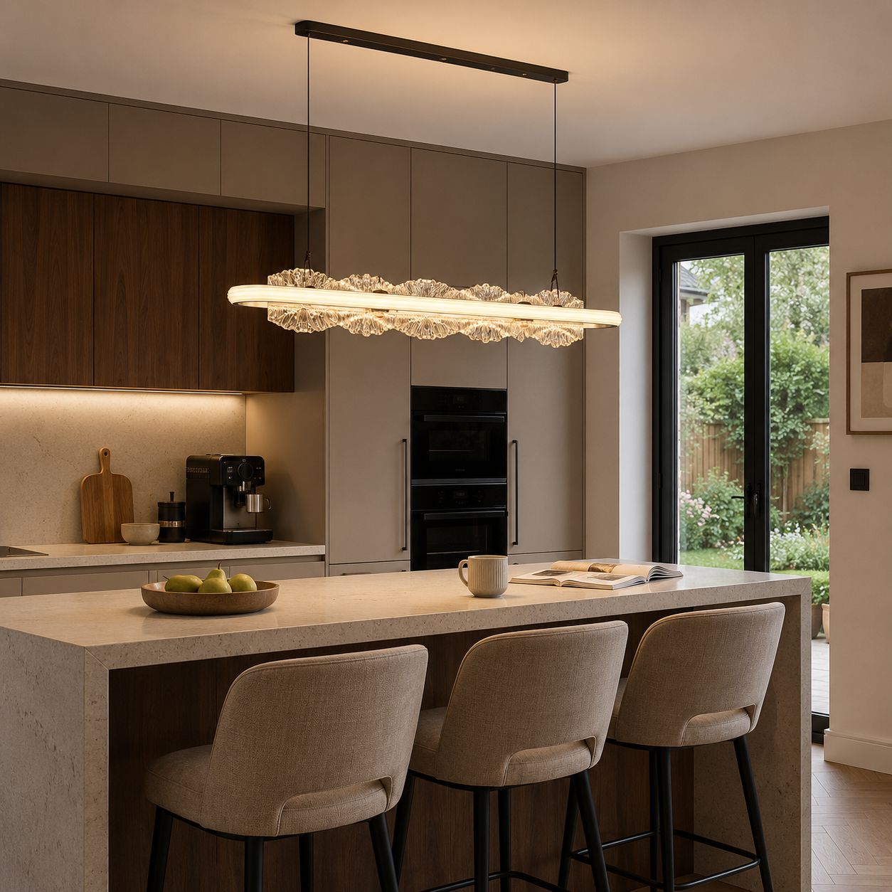linear acrylic pendant light over a kitchen island breakfast bar