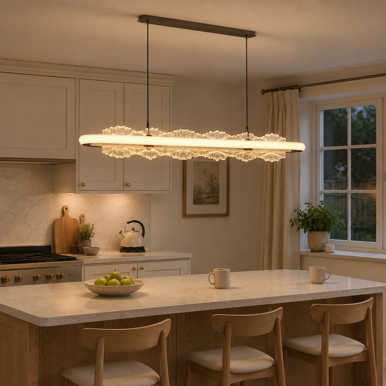 linear aluminum acrylic pendant over a kitchen island with stools