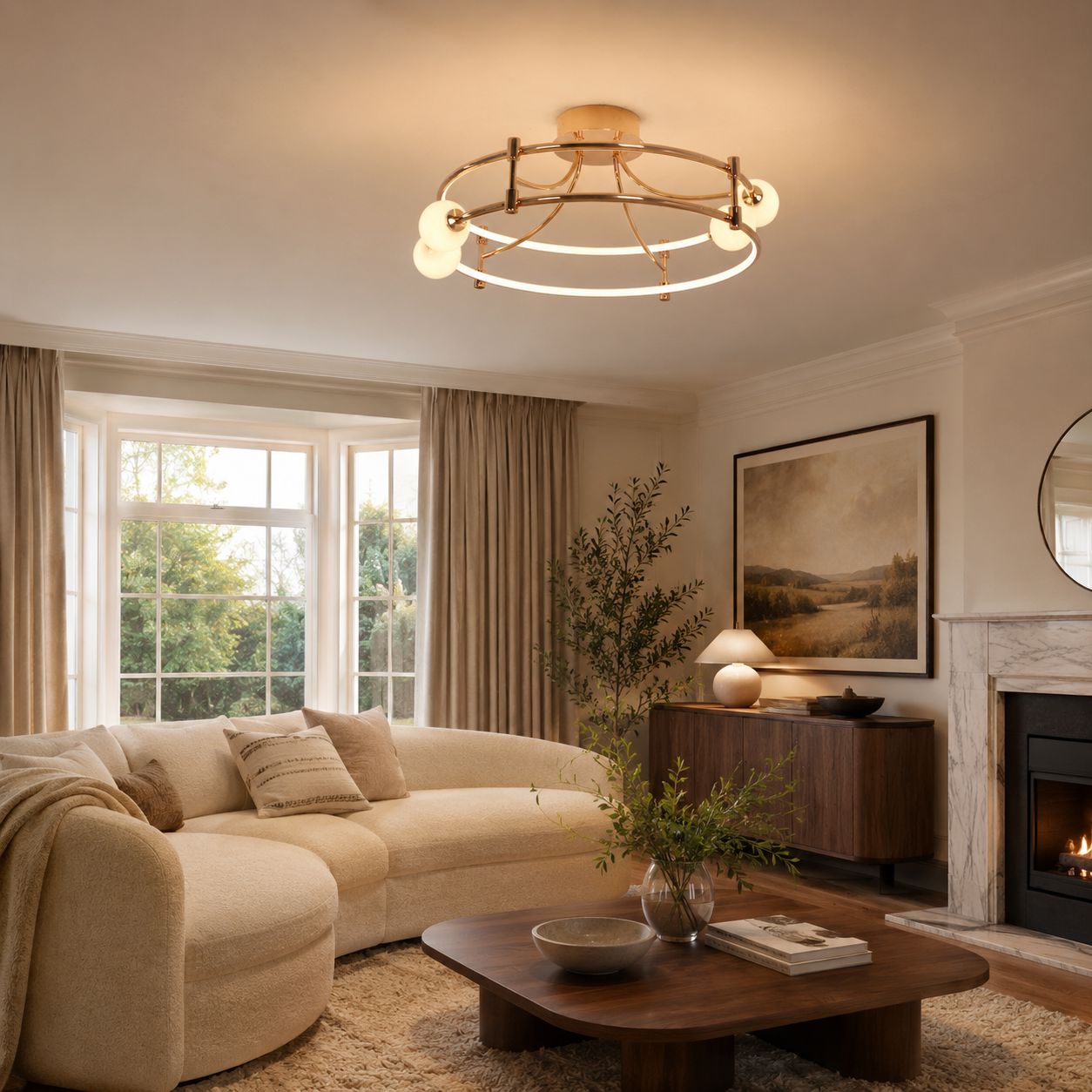 gold LED ceiling light above a lounge seating area
