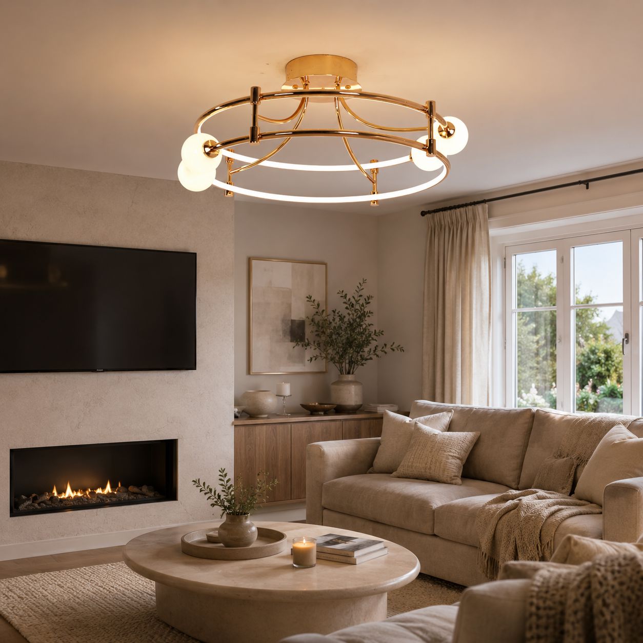 gold glass globe ceiling light in a living room