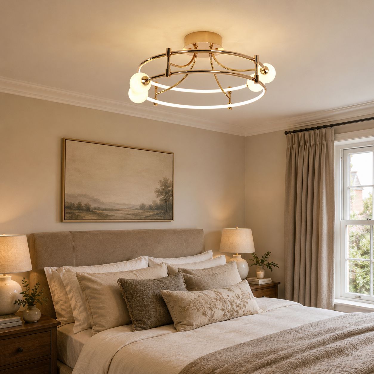 gold LED ceiling light with glass globes over a bedroom