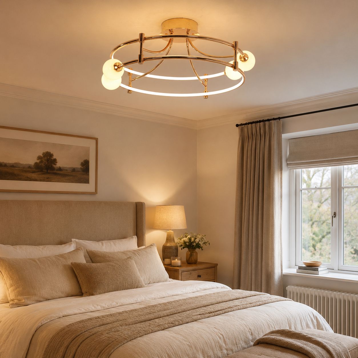 gold glass globe ceiling light above a bed
