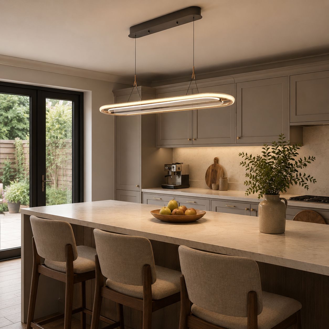 oval halo pendant over a bright kitchen island