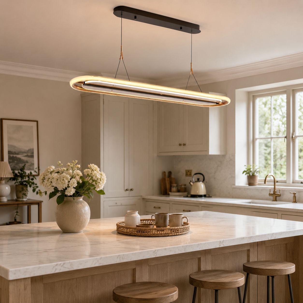 oval halo LED pendant above a marble kitchen island