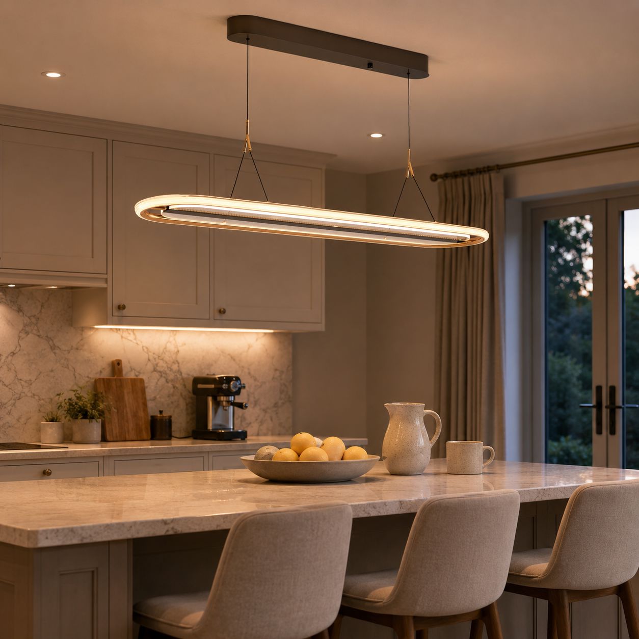 oval halo pendant light over a kitchen island with stools