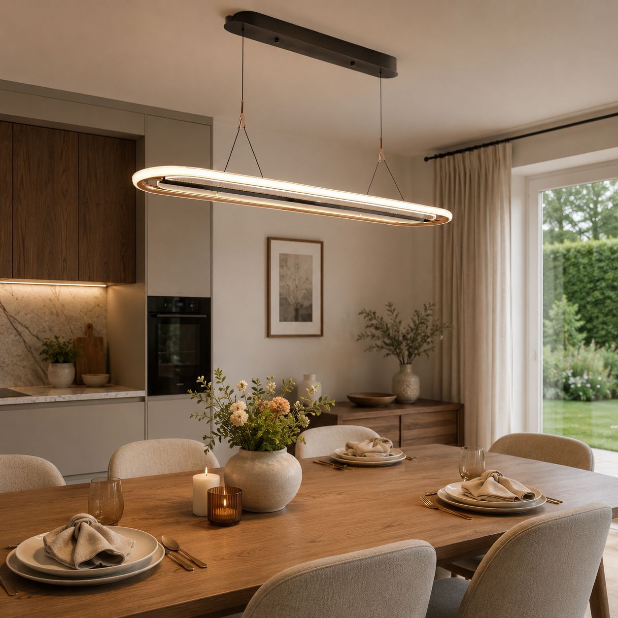 oval halo LED pendant above a wooden dining table