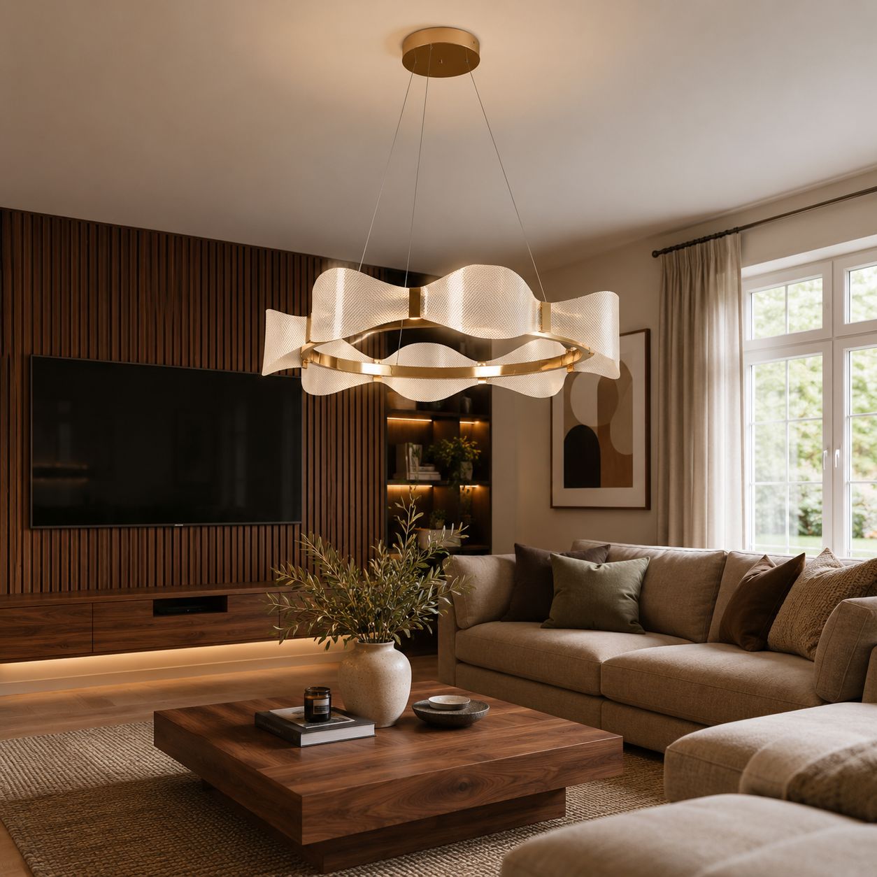 acrylic wave ring pendant in a modern lounge