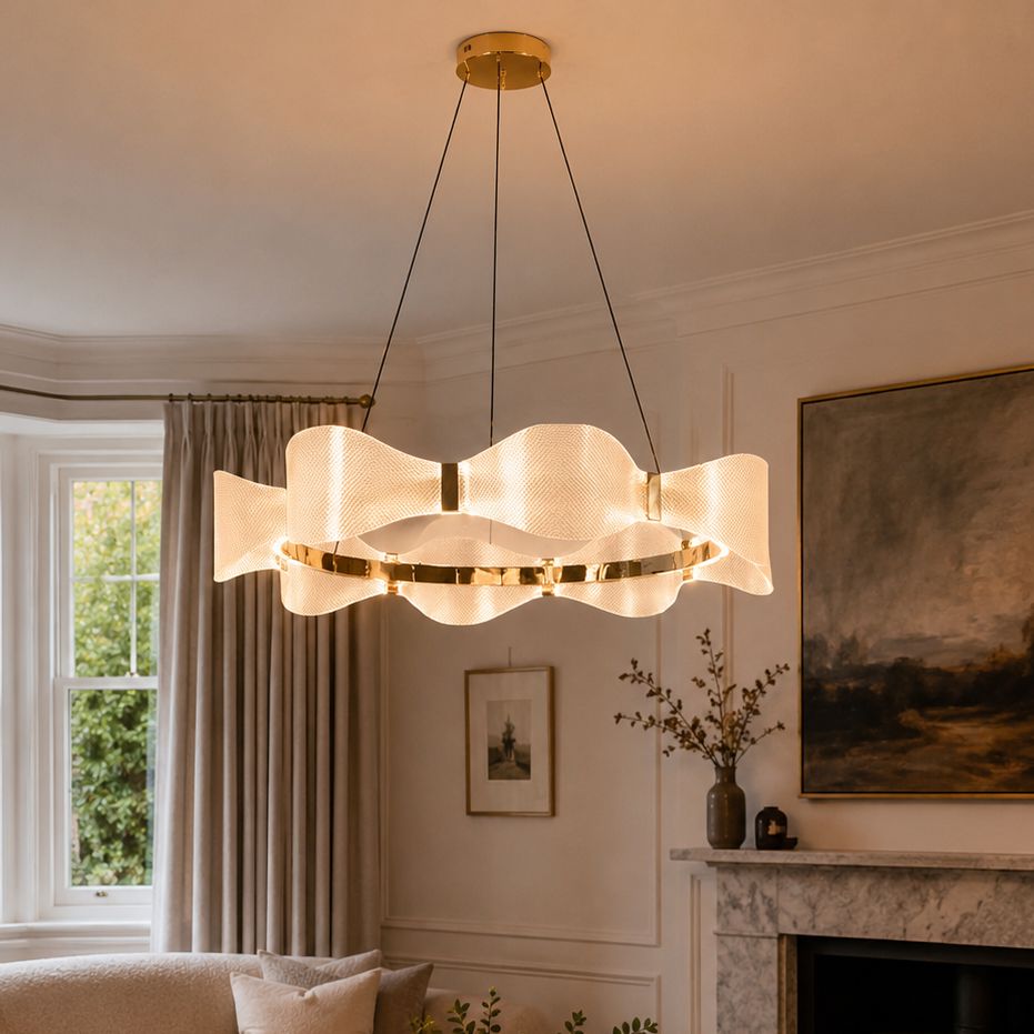 white acrylic wave ring pendant above a living room table