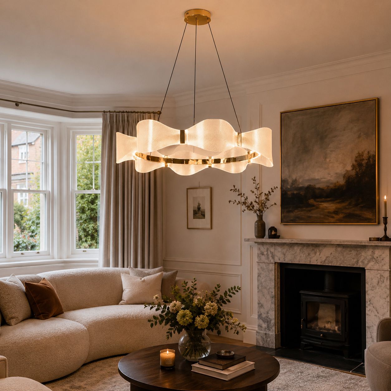white wave ring pendant in a living room with fireplace