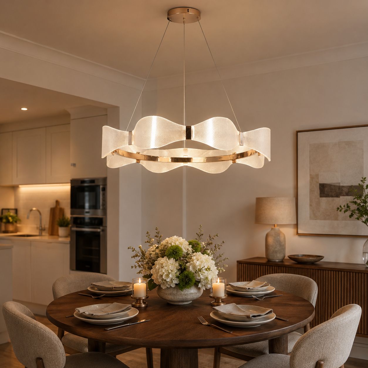 acrylic wave ring pendant above a dining table