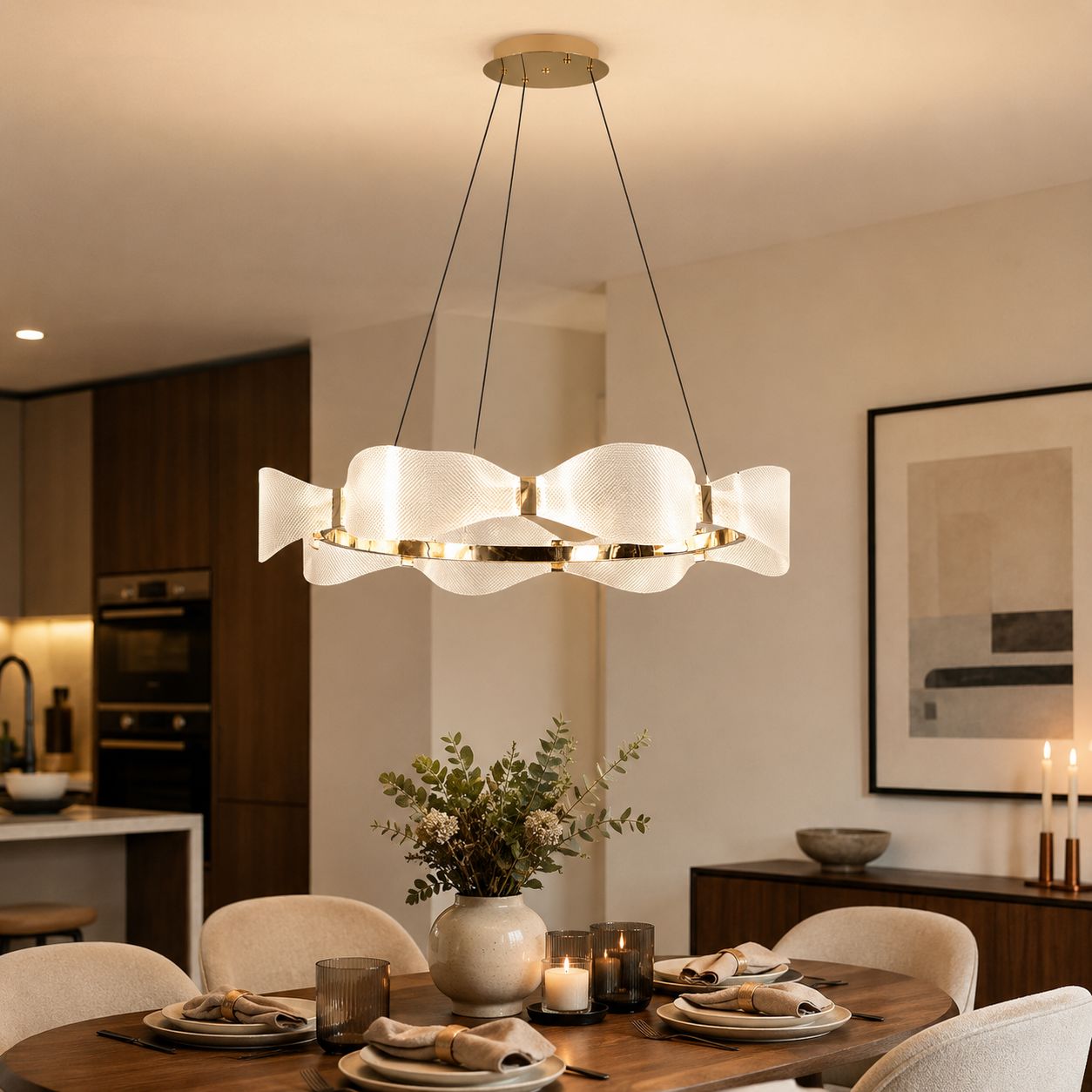 white acrylic ring pendant above a kitchen dining table