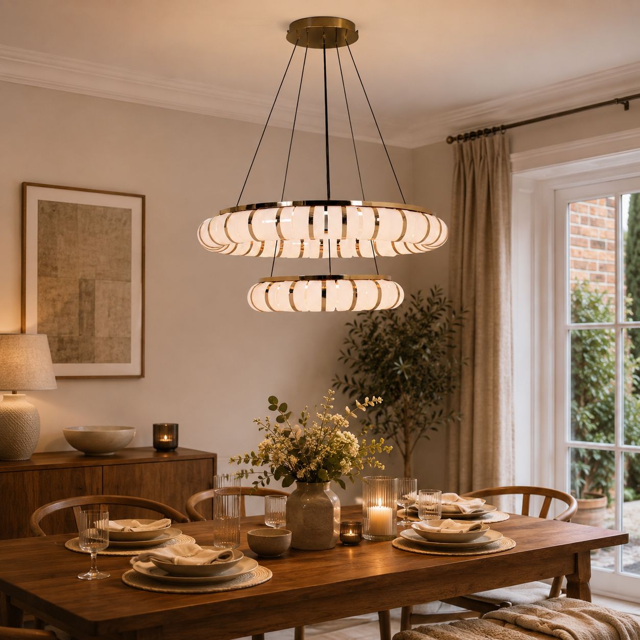 dual-ring chandelier over a warm dining table