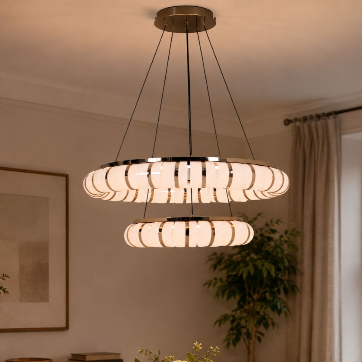 dual-ring LED pendant above a dining table