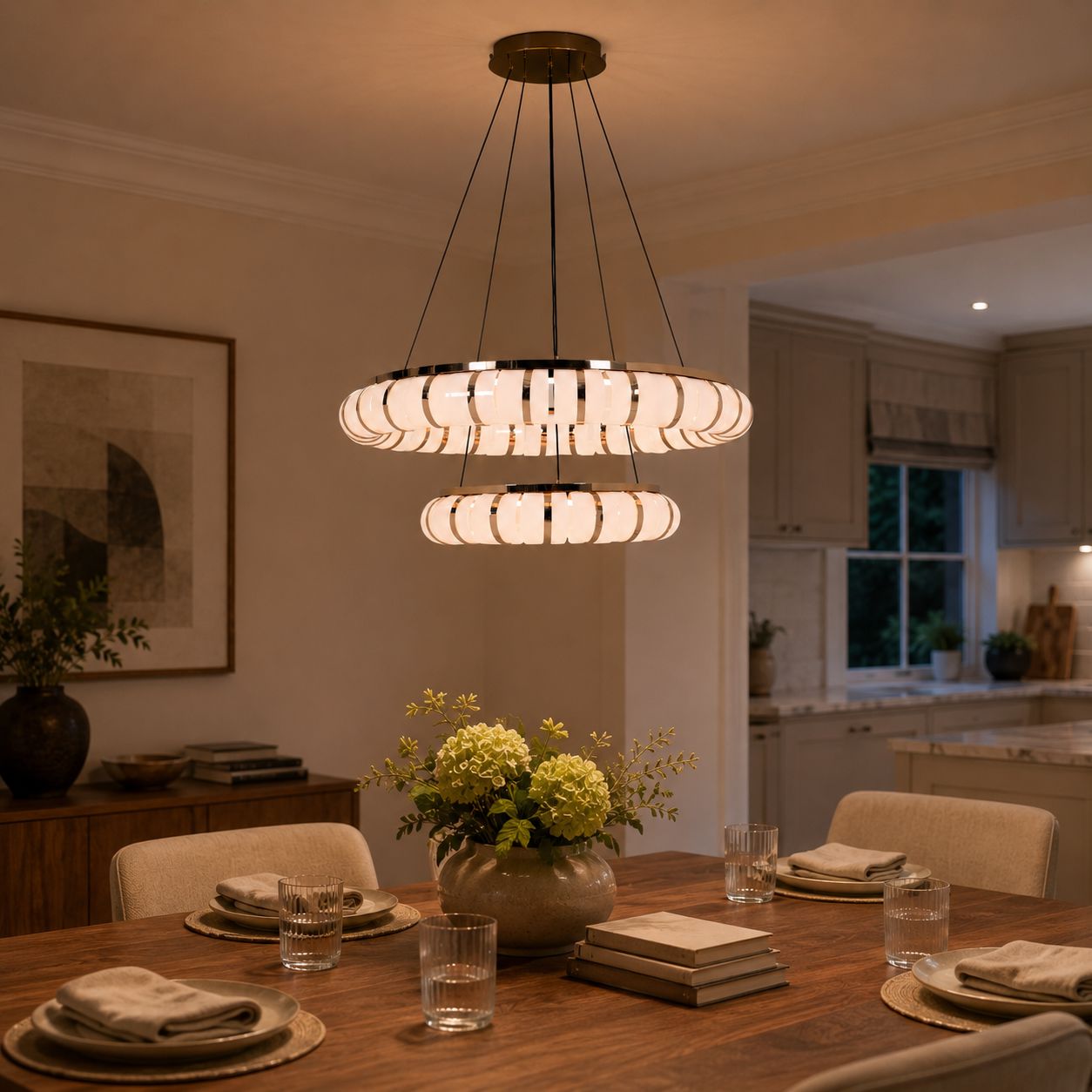 dual-ring LED pendant in an open dining area