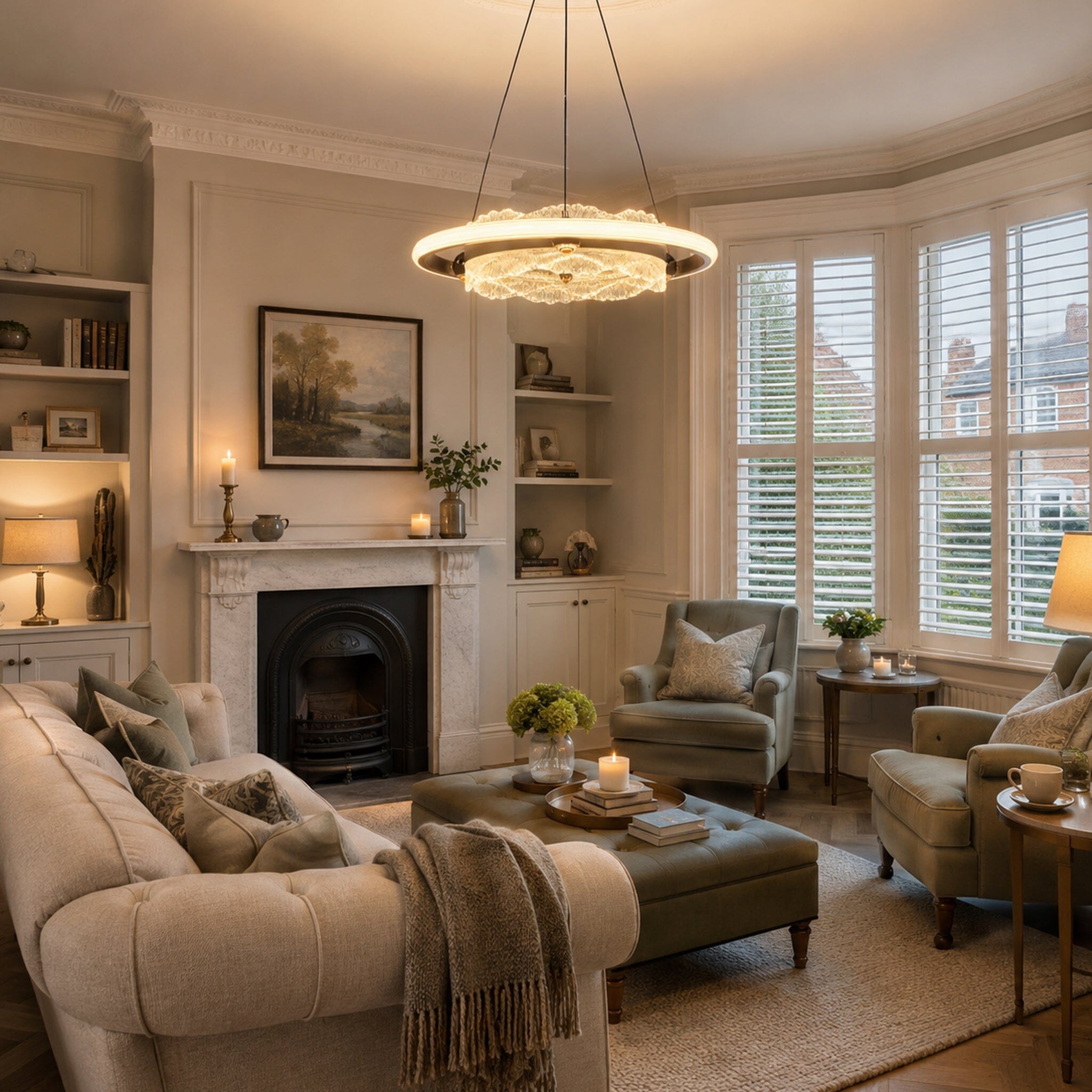 aluminum and acrylic ceiling pendant light in a warm living room seating area