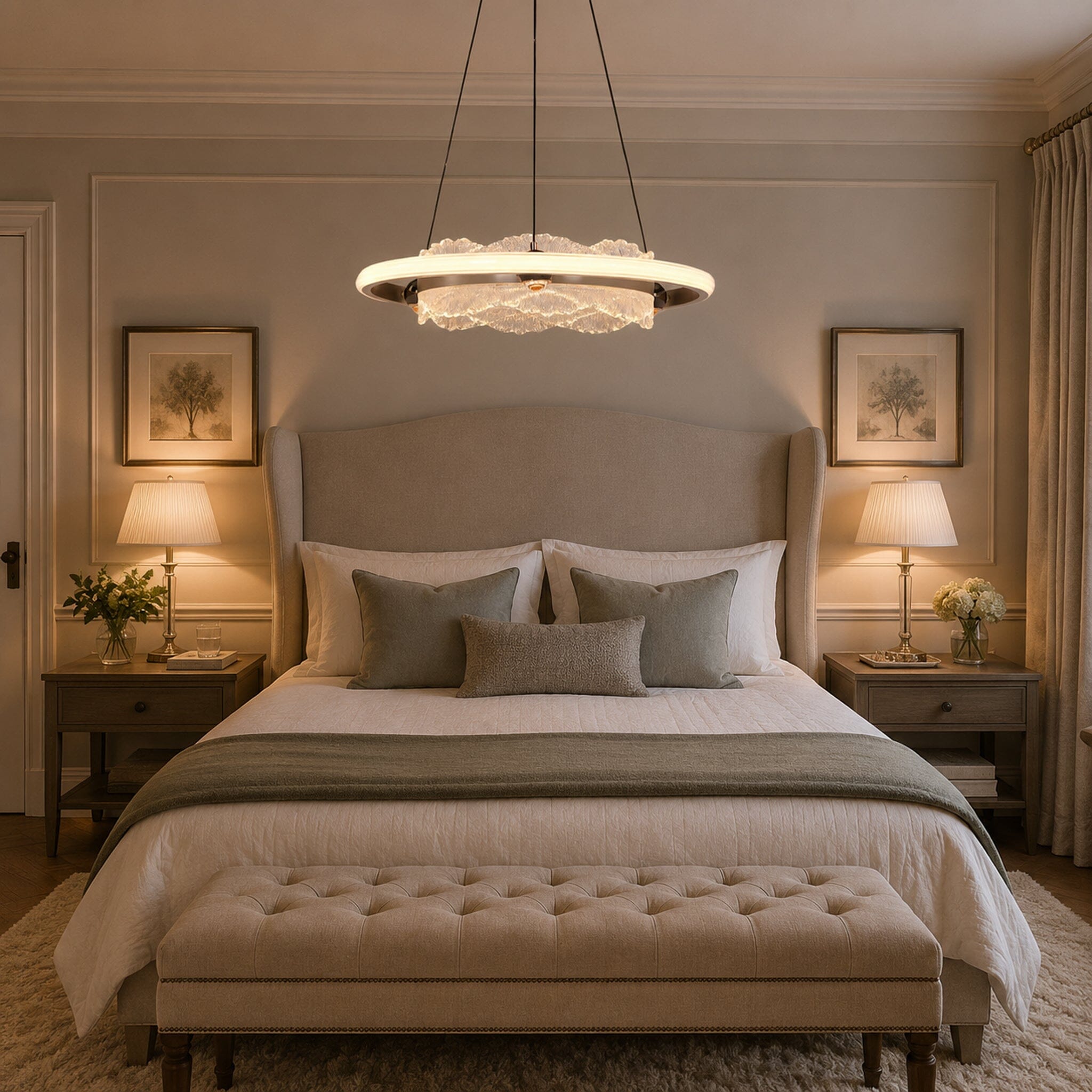 aluminum and acrylic ceiling pendant light over a tufted bedroom bed
