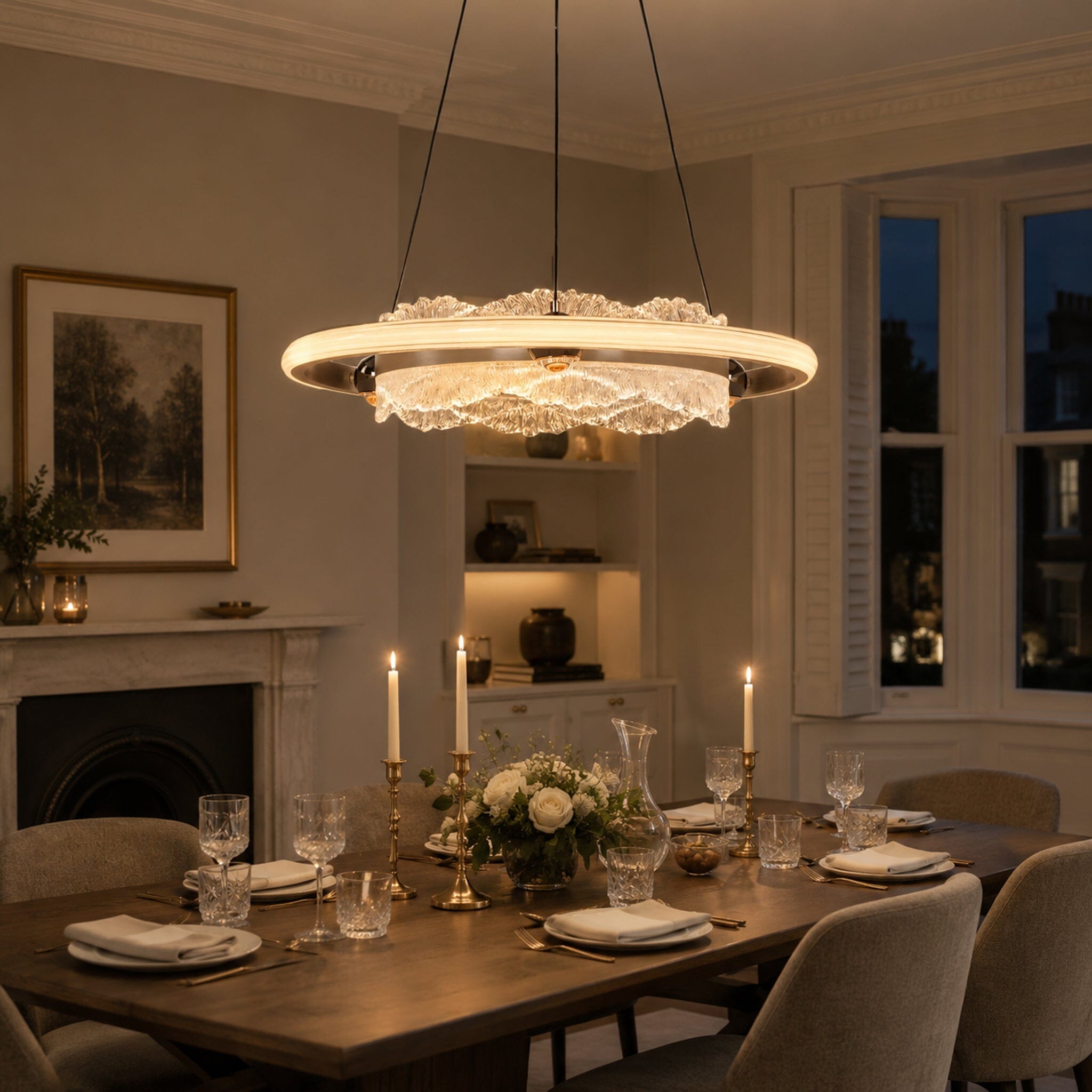 aluminum and acrylic ceiling pendant light above a classic dining table