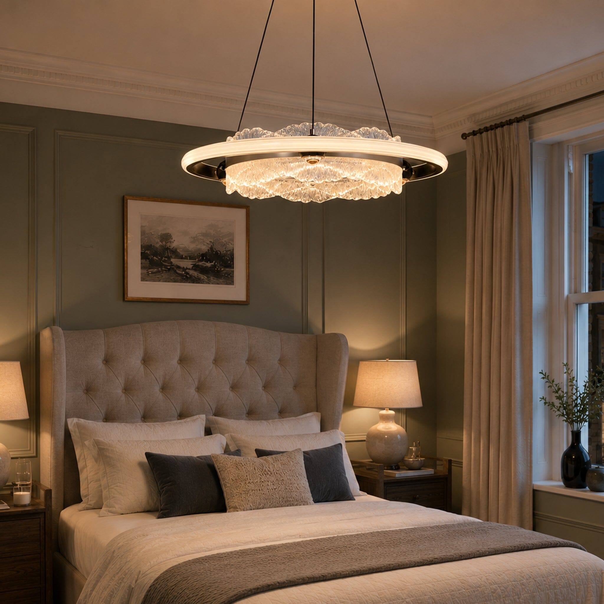 aluminum and acrylic ceiling pendant light above a neutral bedroom bed