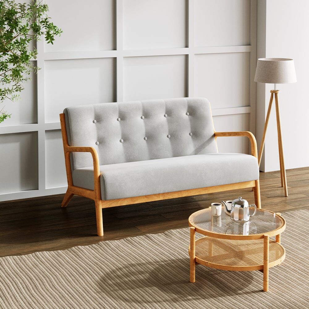 2 Seater Wooden Arm Sofa Grey Towel Fabric Rubber Wood Armrests Living and Home Style 02 