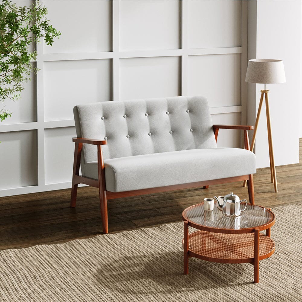 2 Seater Wooden Arm Sofa Grey Towel Fabric Rubber Wood Armrests Living and Home Style 03 