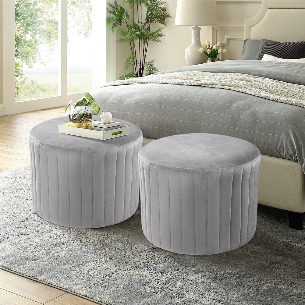 Round Ribbed Ottoman Grey Velvet Living and Home 