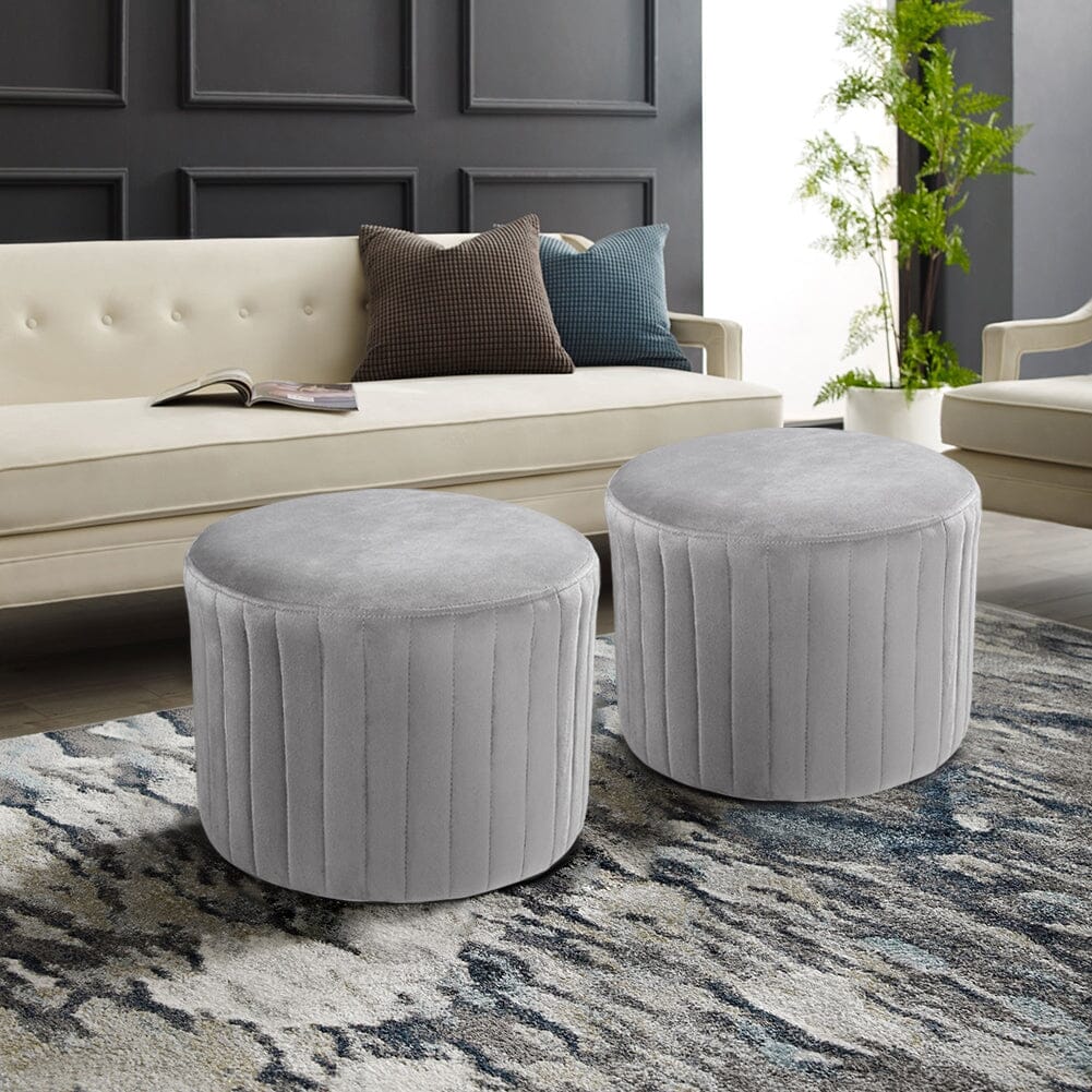 Round Ribbed Ottoman Grey Velvet Living and Home 